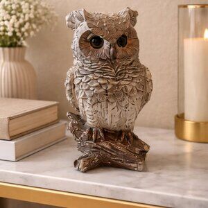 Rustic Owl Figurine on Branch – Nature-Inspired Home Décor